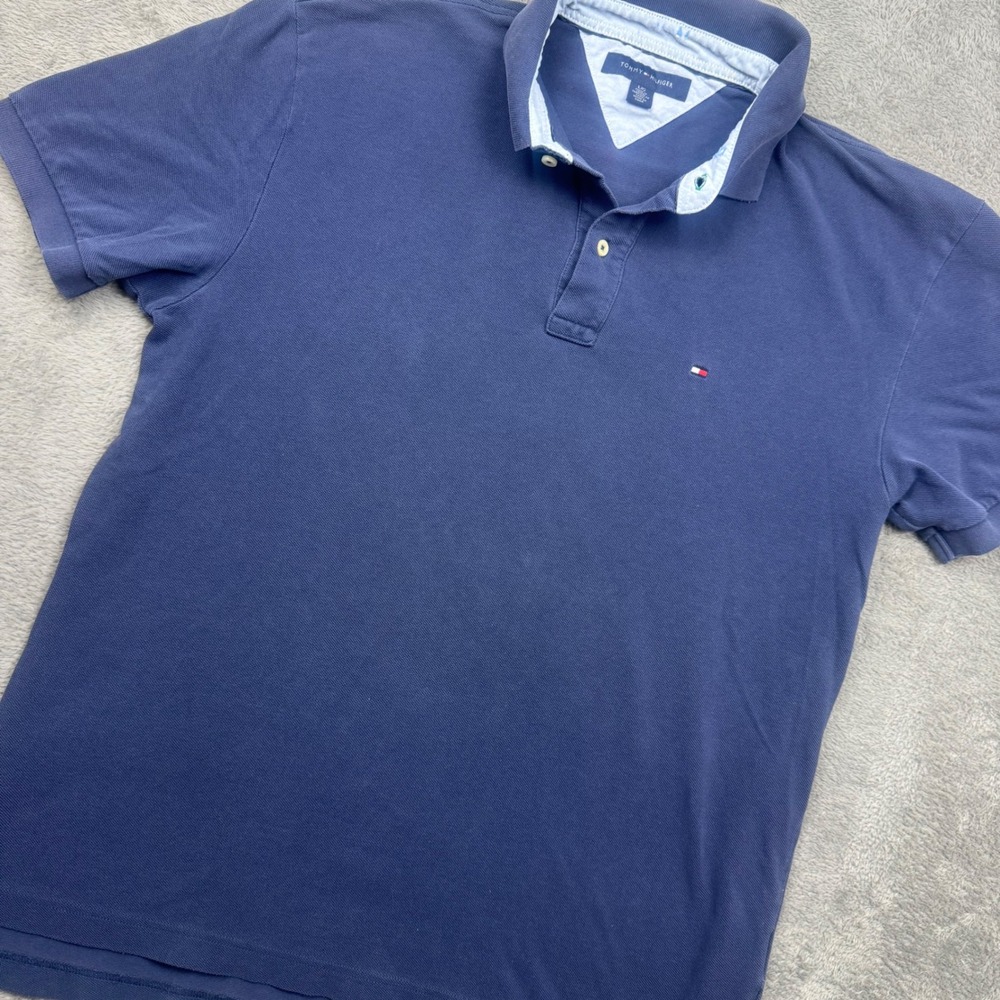Tommy Hilfiger Polo Shirt Mens Large Blue Good Short Sleeve Pique Cotton Logo
